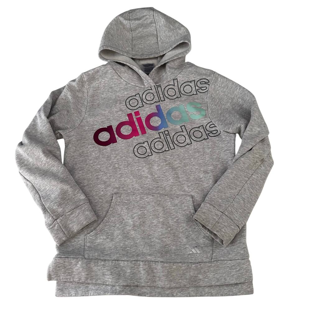 Adidas Grey Hoodie with Pink & Purple Logo - Girls L